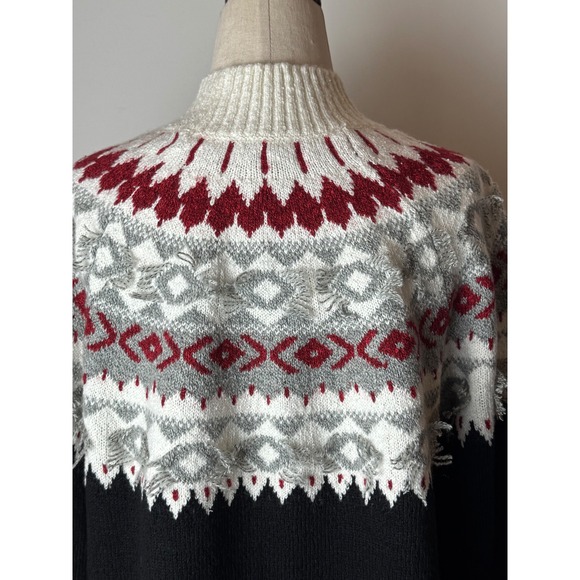 J Jill Sweater Women Medium Petite Black‎ Ivory Fair Isle Nordic Knit Mock Neck - Picture 9 of 12